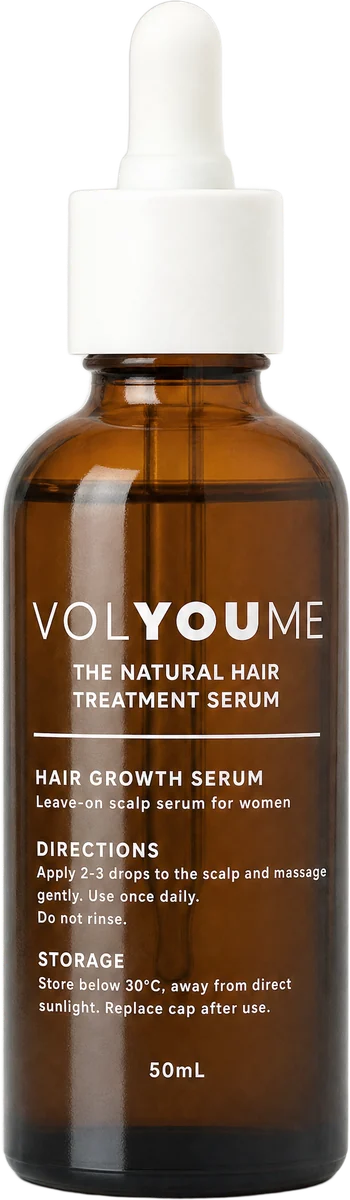 The Volyoume Hair Growth Serum, an amber glass dropper bottle