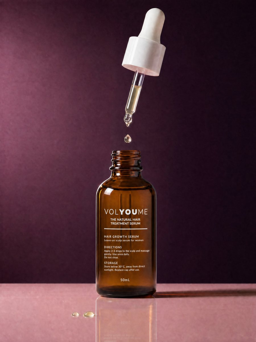 A drop of serum falling from the dropper into the open Volyoume bottle