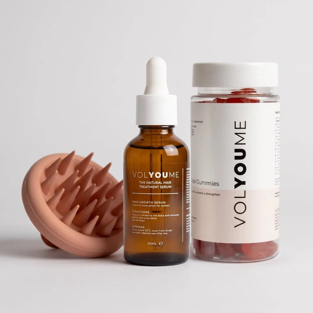 The serum, the gummies and the massager together