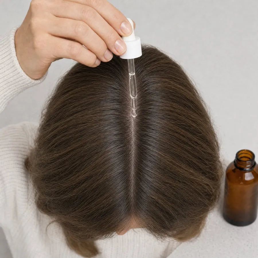 A hand holding the dropper above a parting, a drop falling onto the scalp